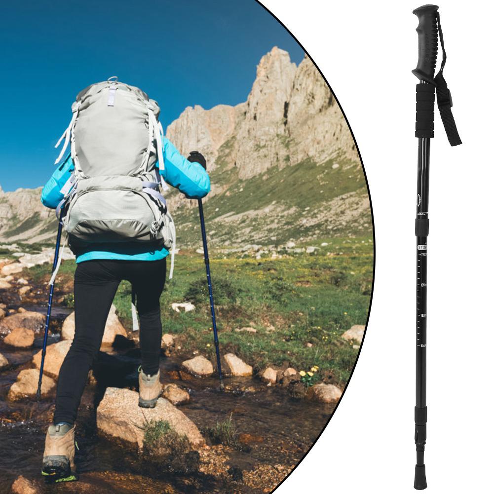 Outdoor Travel Four Section Straight Handled Trekking Pole Hiking Mountaineering Walking Stick(Black )