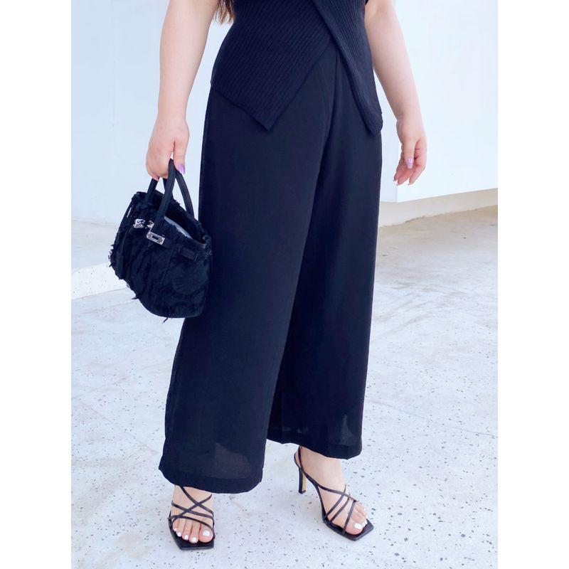 Miss Biggie European and American Plus size Slimming Versatile Comfortable Chiffon Pocket High Waist Capri Straight Wide Leg Pants