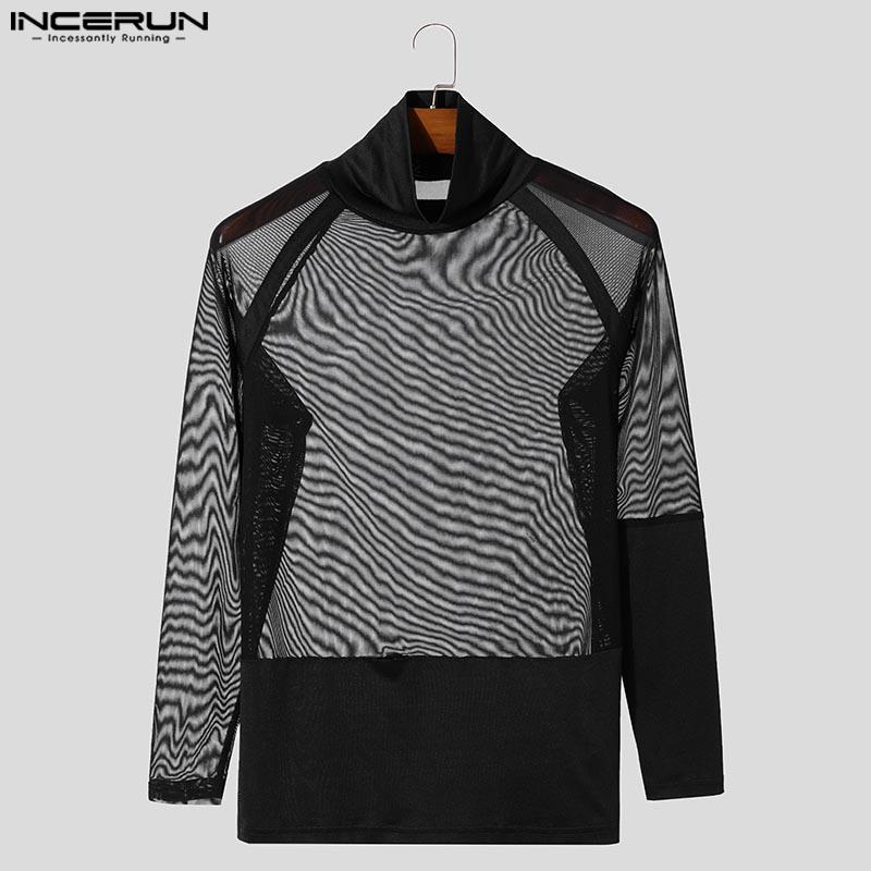 INCERUN Men High Neck Long Sleeve Mesh Sheer Stitching Party Clubwear Tops