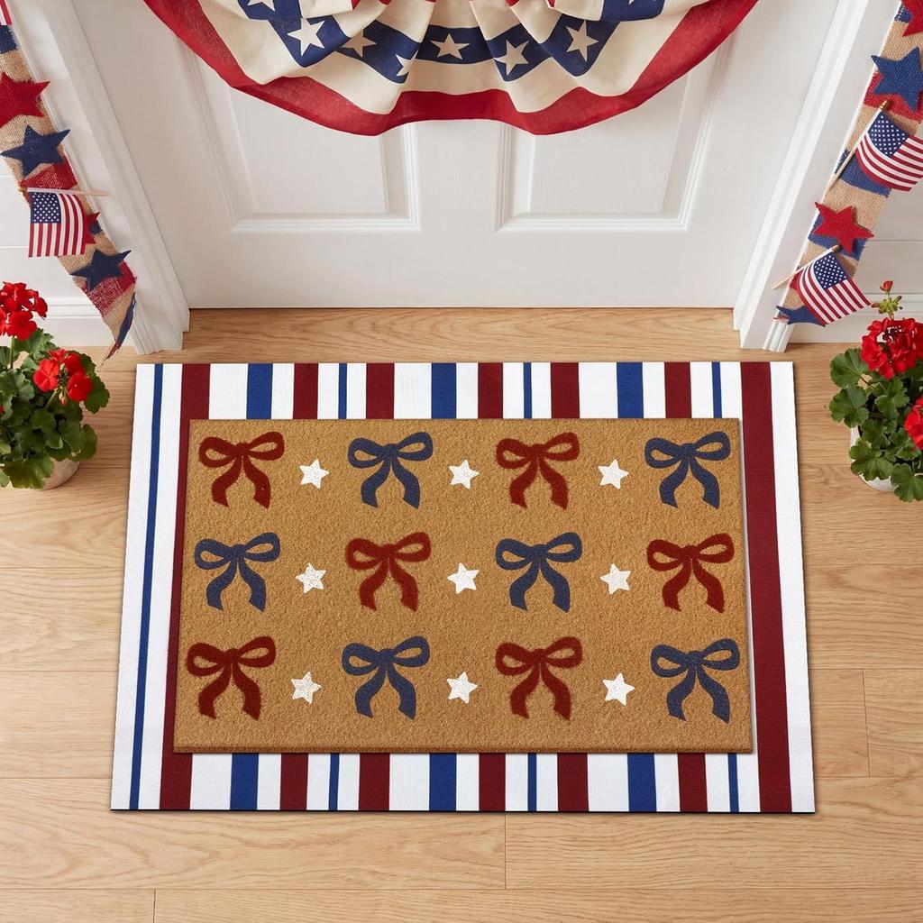 Door Mat Outdoor USA Red White Blue Welcome Rug Patriotic Mat Non-Slip Independence Day Freedom Memorial Day Indoor Entrance Outside Porch Front Decor