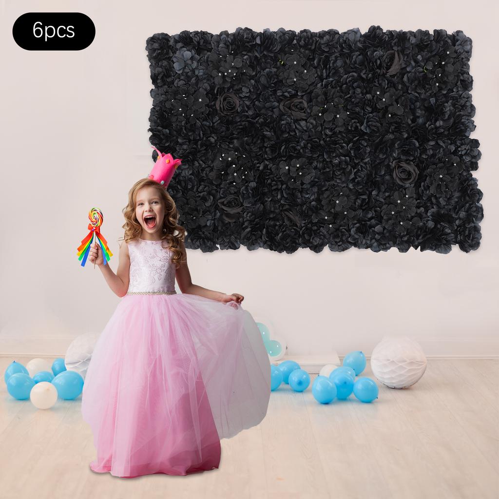 6 Pcs Artificial Flower Wall Panel, 14.96x14.96 In Square Floral Backdrop w/ Hydrangea Dahlia Rose, Black Elegant Wedding Decor