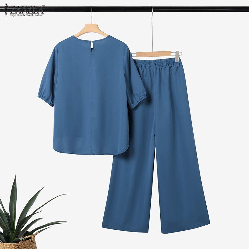ZANZEA Damen Halbarm Bluse und Hose Sommer Zweiteiler Anzugsets