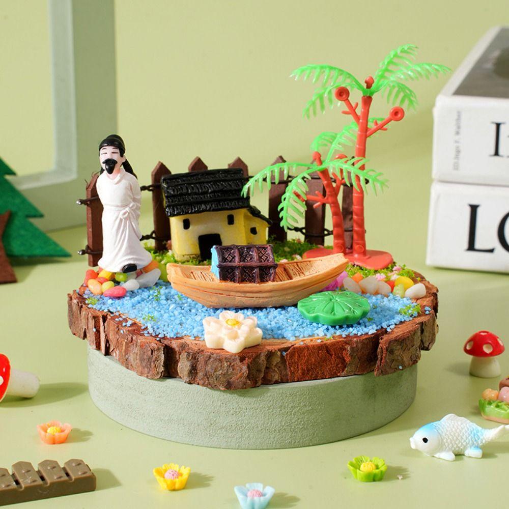 Multicolor Landscape DIY Material Kit Resin Wood Base DIY Miniature Landscape Ornaments Mini Size Cartoon Statue