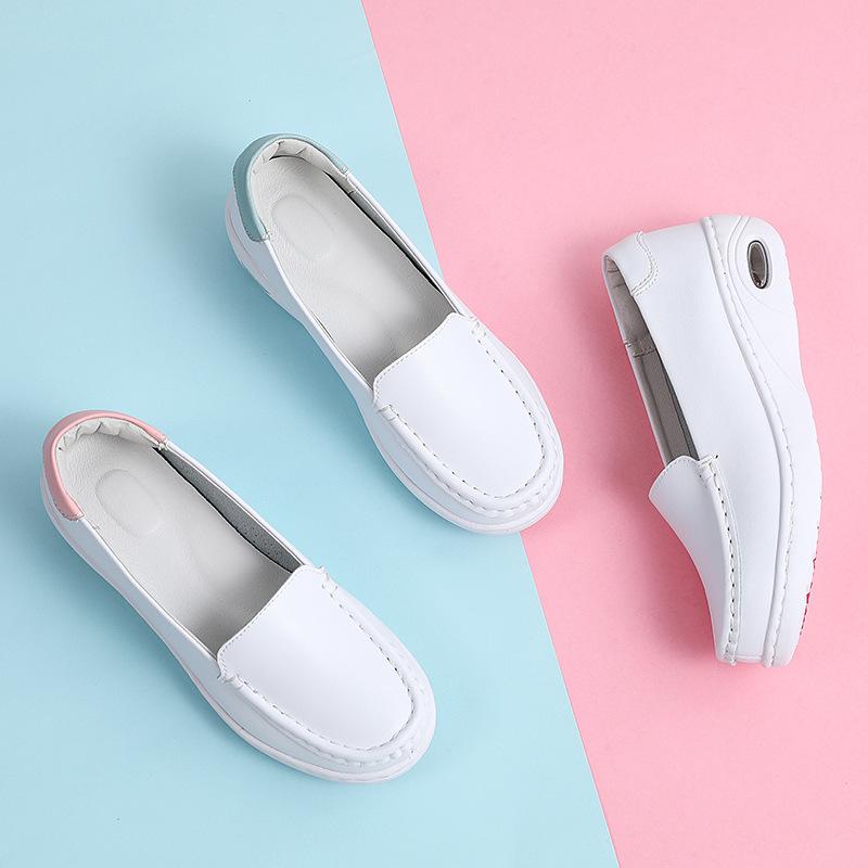 Thick-soled nurse shoes women's leather wedge heel air cushion soft sole non-slip, breathable and not tired feet flat-soled heightening comfortable