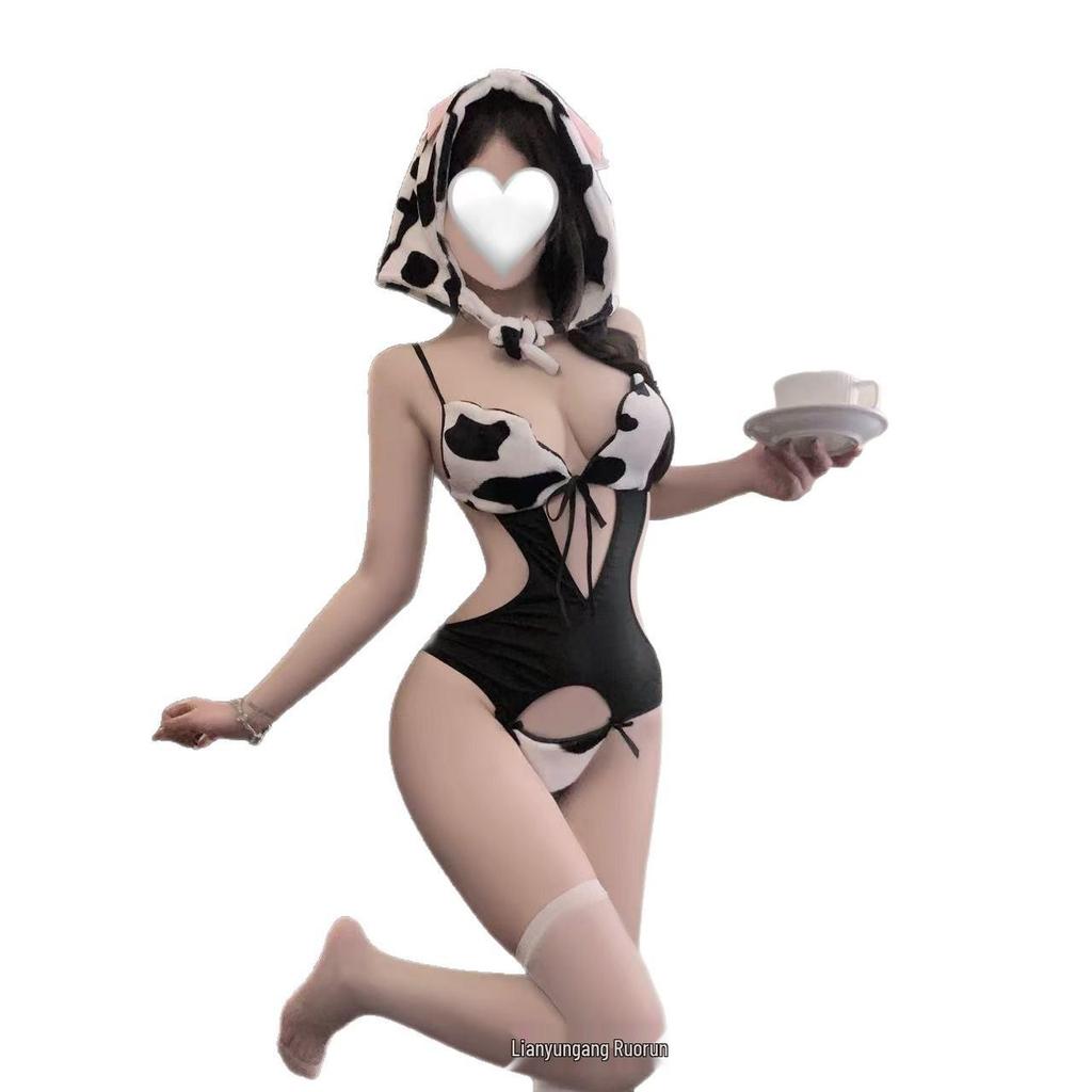 Ruo Lan Sexy Kuhmuster & Leopard Bodysuit Weihnachtliches Dessous-Set