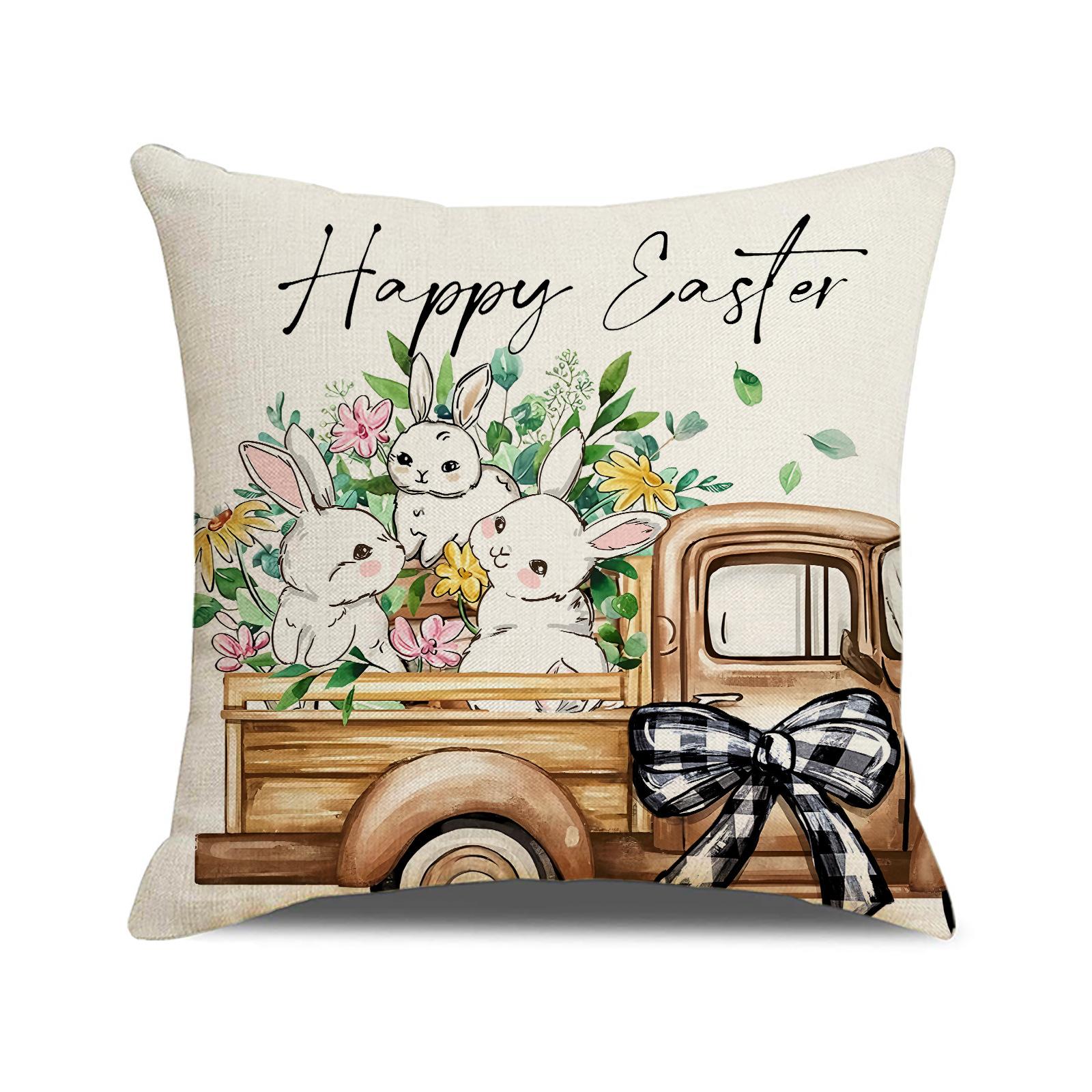 

Easter Bunny Flower Pillow Cover Linen Print Home Cushion Cover Holiday Decorative Sofa Cushion Cover 45 * 45Cm (excluding pillow core)