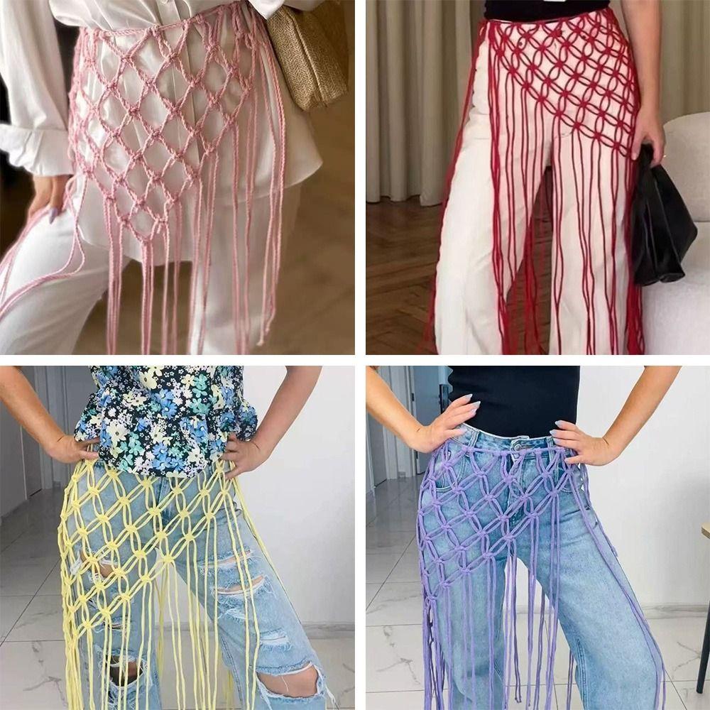 Fashion Bohemian Netted Fringe Waistband Decorative Tassel Ethnic Design Waist Wrap Mesh Tassel Waistband Versatile Styling