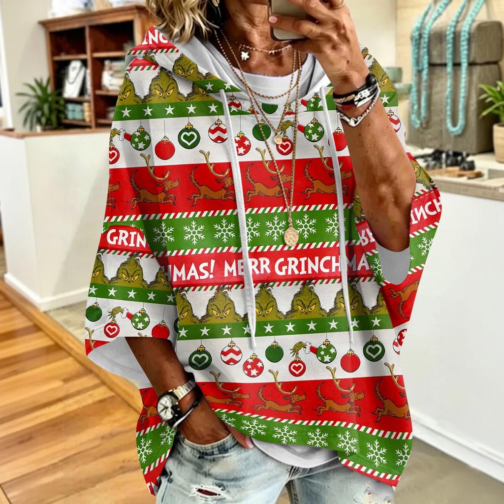 Women's Christmas Print Hooded Sweatshirt with Drawstrings, Loose Fit Casual Pullover Top