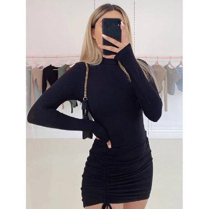 Long Sleeve Ruched Bodycon Dress Women Turtleneck Bandage Mini Dresses Autumn Black Skinny Stretchy Party Vestidos