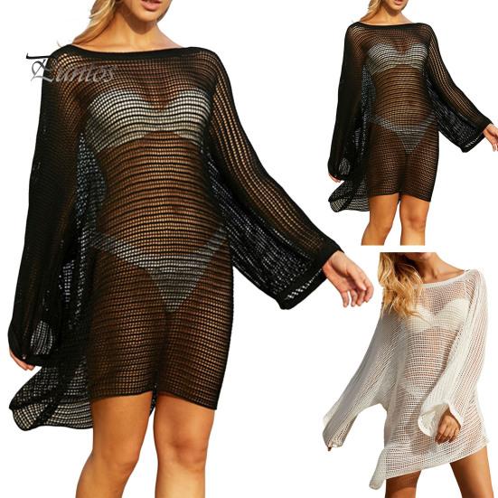 Women Cover Up Dress Batwing Long Sleeve See-through Hollow Mesh Bikini Cover Up Quick-Drying Breathable Beachwear
