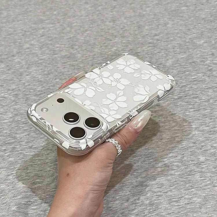 White Flower Drop-proof Transparent Phone Case for iPhone 14/15/16/17 Pro Max