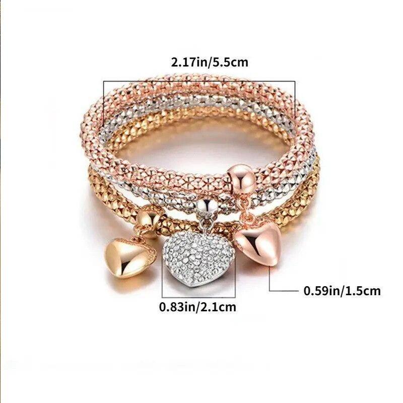 3 PCS Set Heart Lock Key Music Sign Charm Bracelet Owl Rose Gold Plating Copper Color Chain Owm Charm Bangle Jewelry Set