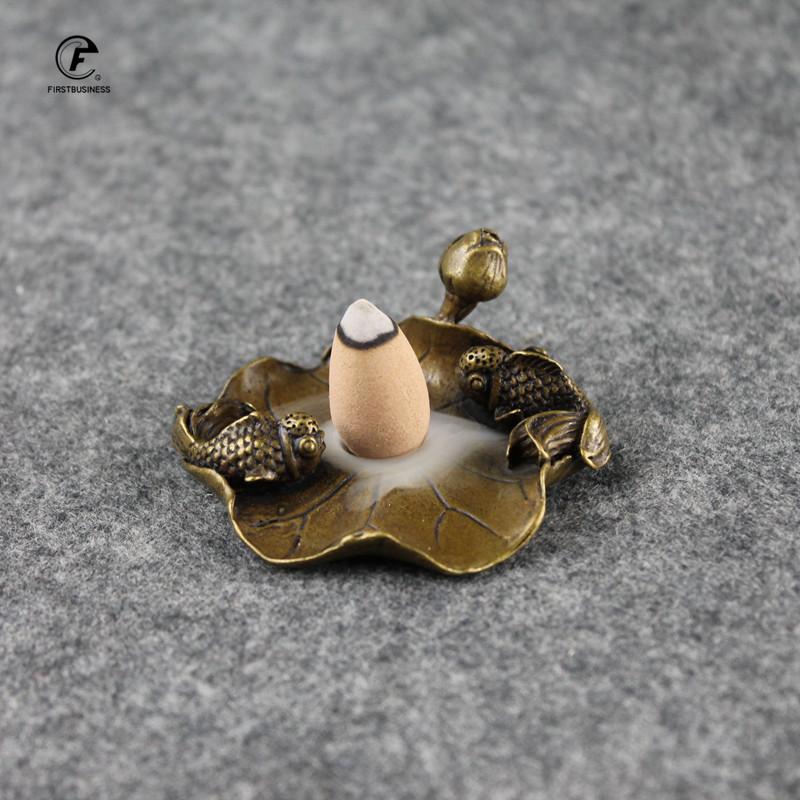 Antique Copper Incense Stick Holder Couple Fishs Lotus Small Ornaments Creative Vintage Brass Censer Home Decor Incenses Burner