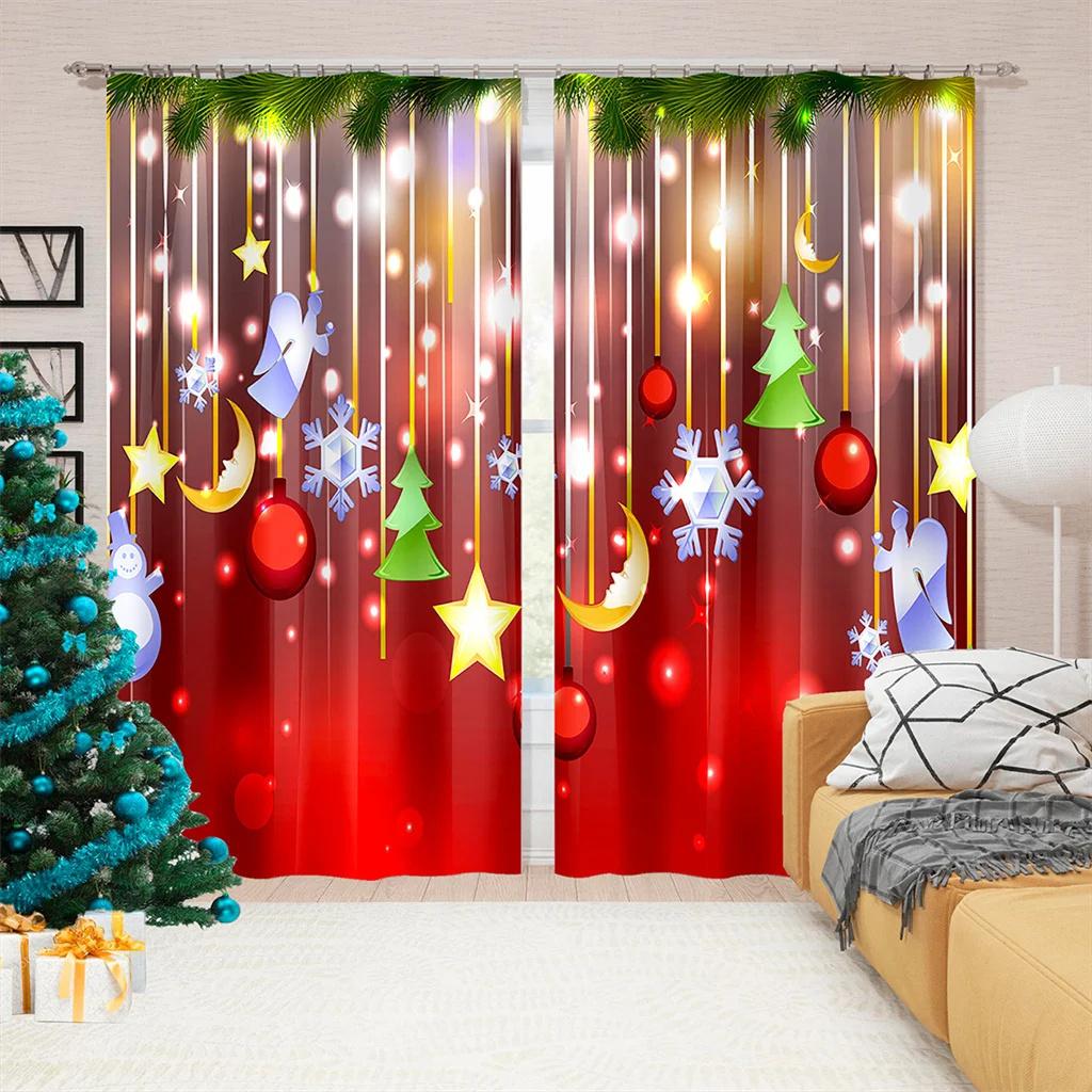 Cartoon Christmas Happy New Year Star Red Ball Window Curtains Blinds for Living Room Bedroom Kitchen Door Home Decor 2 Panels