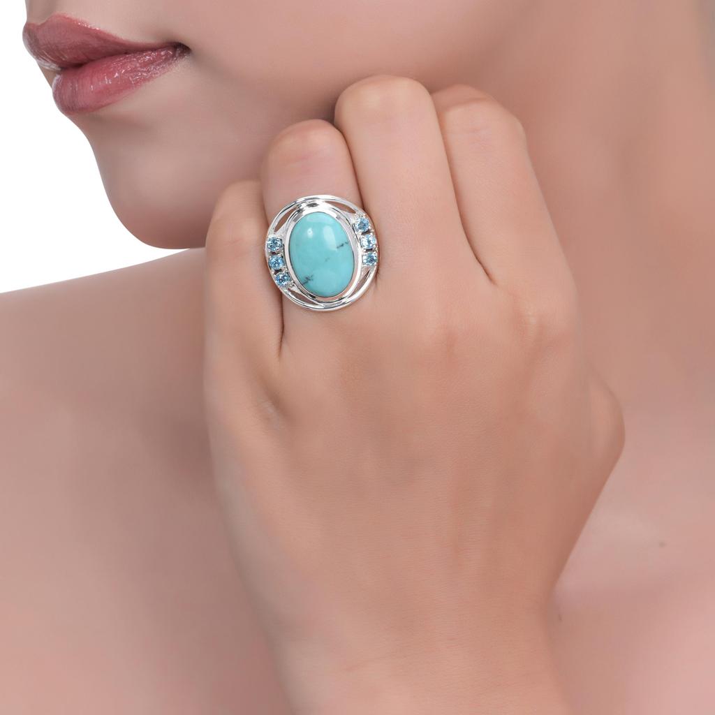 Turquoise & Swiss Blue Topaz Sterling Silver Statement Ring – Elegant Handmade Jewelry Gift, Beautiful blue ring for her, Women's Jewelry gift