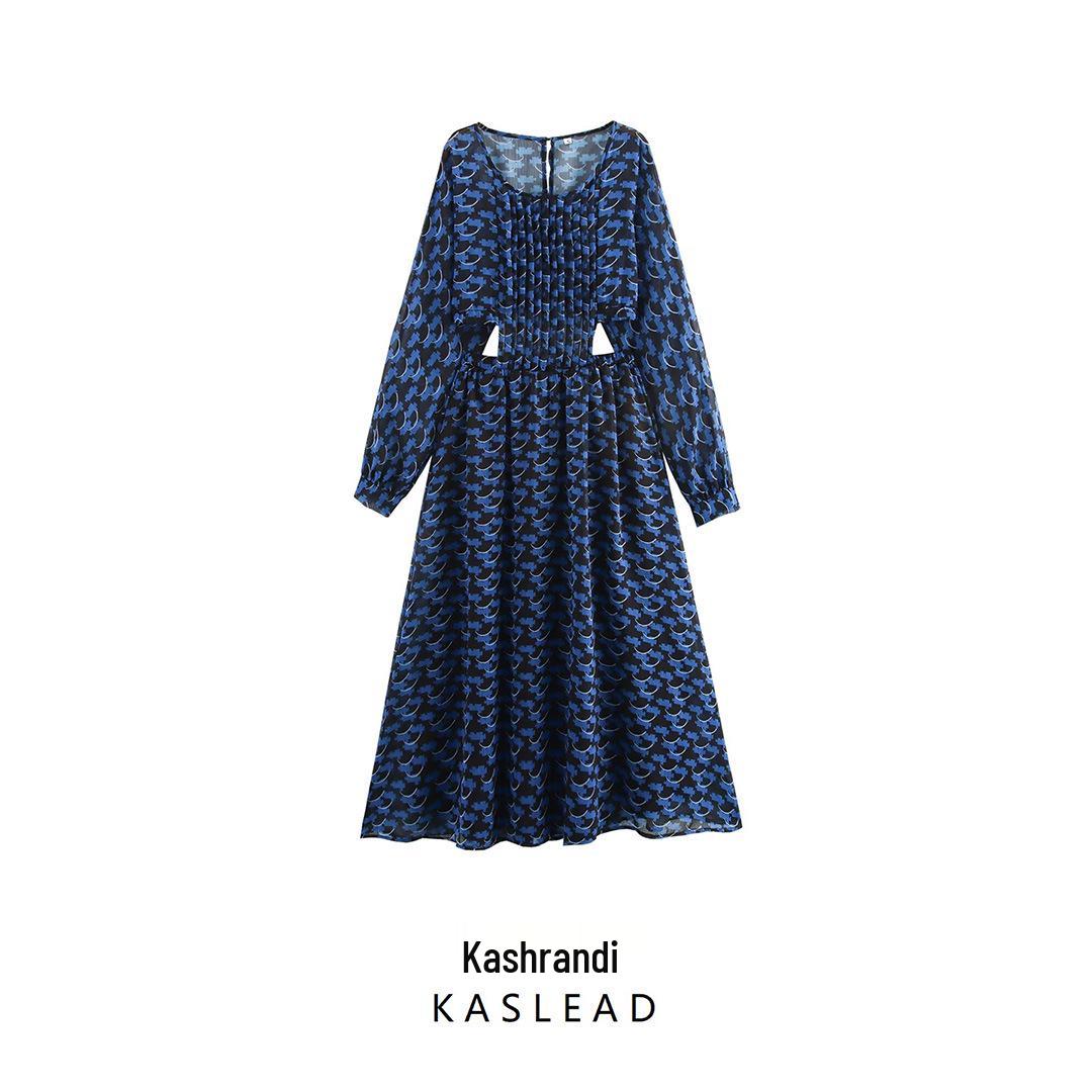 

2025 Spring Women s European Style Chiffon Cutout Waist Long Dress XS синій