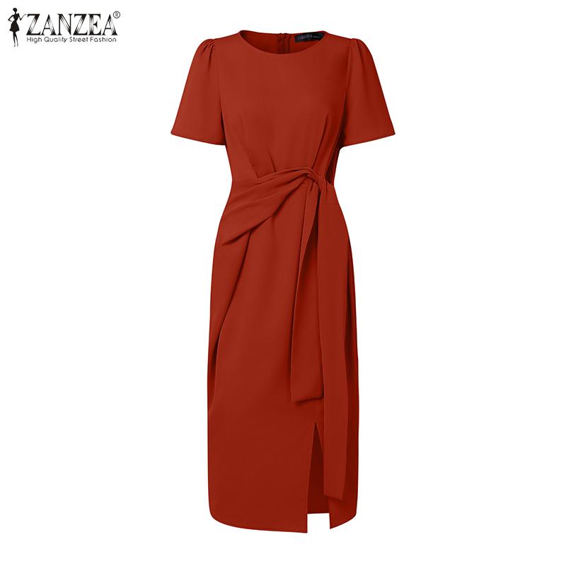 

ZANZEA Элегантное женское повседневное миди-платье с коротким рукавом, поясом на талии и разрезами XL красный