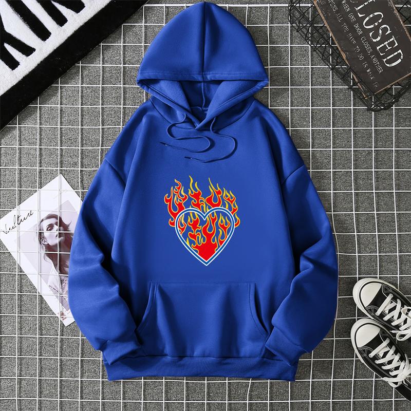 Love Fire Graphic Print Hoodie Pure Cotton High Quality Loose Shoulder Hooded Sweater Trend Fashion Sweatshirt
