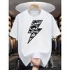 European Size Men's Crew Neck T-Shirt Black Lightning Bolt Skull Print Casual Daily Wear