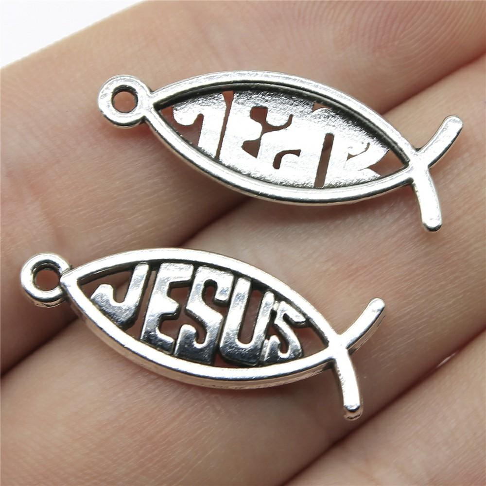 20 Piezas Amuletos de Pez de Jesús Color Plata Antigua Amuletos de Pez de Jesús Colgantes Para Pulseras Amuletos de Pez Cristianos Fabricación de Joyería