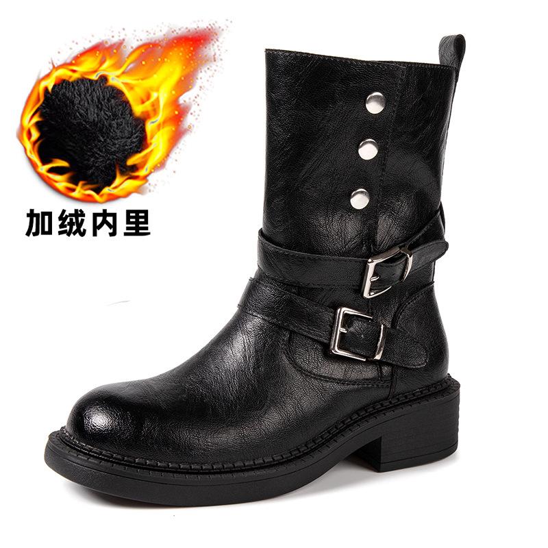 

Круглая пряжка ремня, ботинки-локомотивы, новая мода, универсальные, средний толстый каблук, короткие ботинки, ковбойские ботинки в западном стиле 39