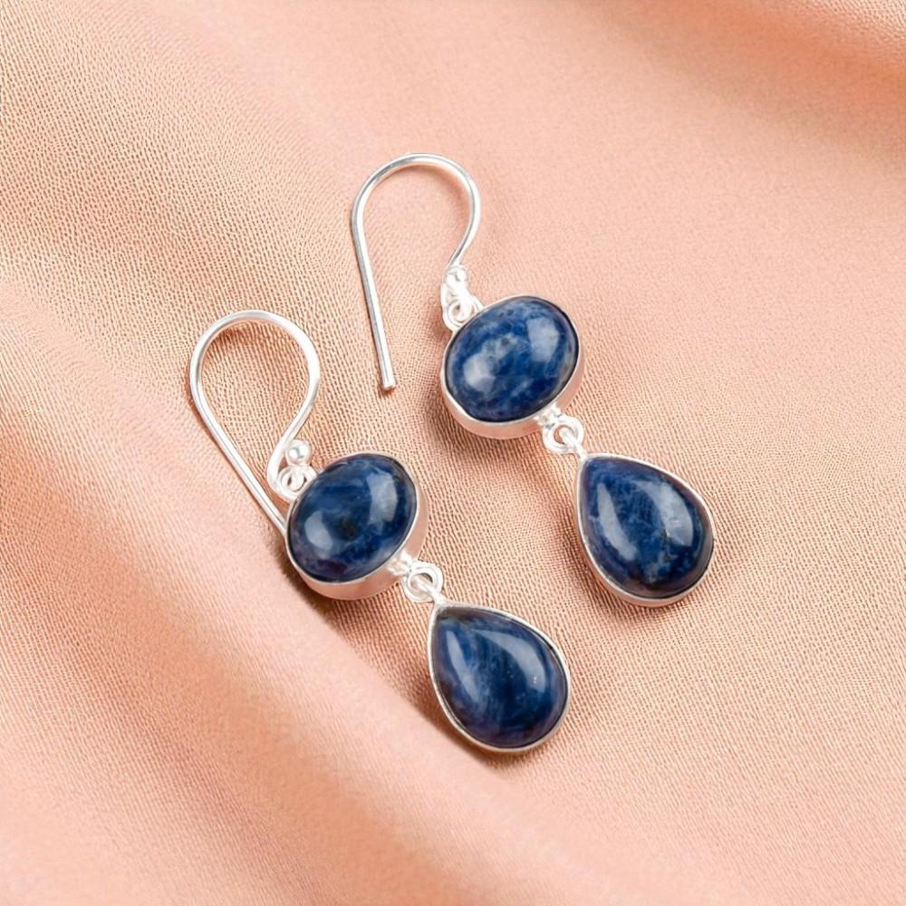 

Натуральный камень содалит, серебро 925 пробы, ювелирные изделия ручной работы, серьги 1,88 EE-73-19