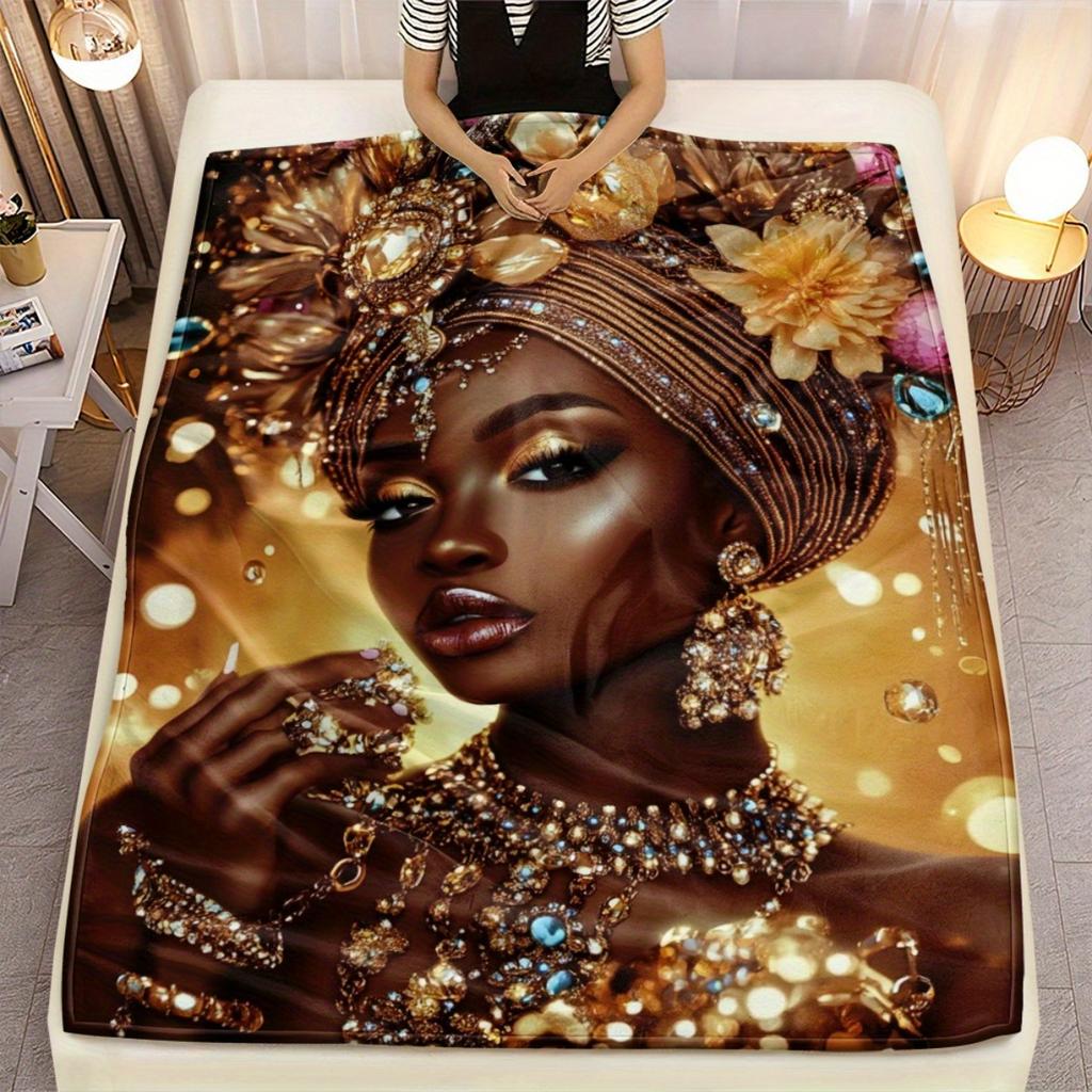 1pc African Queen Jewelry Gold Headdress Fleece Blanket Luxury Fashion Portrait Art Print Throw Cover Decor Gift for Women