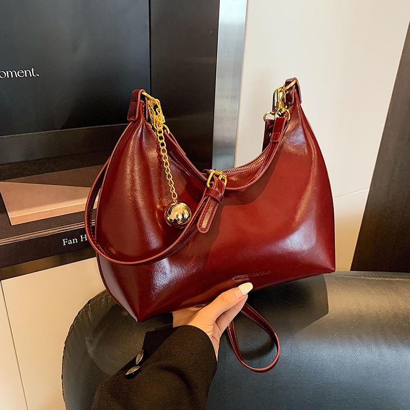French Style Retro Burgundy One Shoulder Bag Women's Classic PU Leather Texture Crossody Bag Fashi Versatile Commuter Handbags