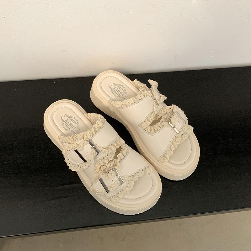 Fashion tassel black popular thick-soled one-word slippers women's summer wear 2025 new high-end cool slippers