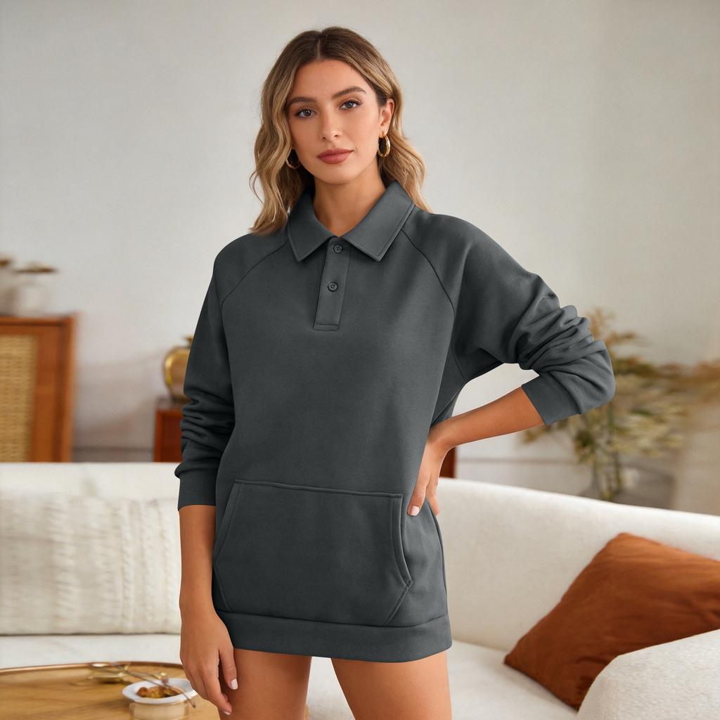 Women's Long Sleeve Button Down Sweatshirt with Collar and Pockets Casual Top