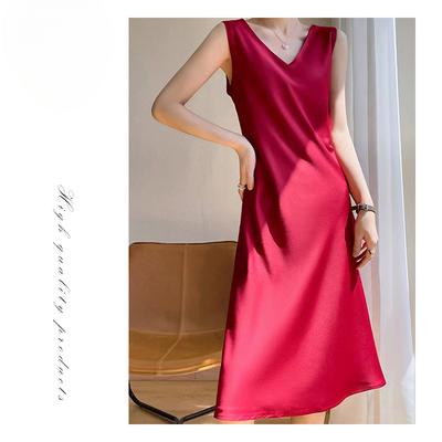 Women's Dress Satin Long Over The Knee Summer Wear Plus-size Solid Color Halter Dress
