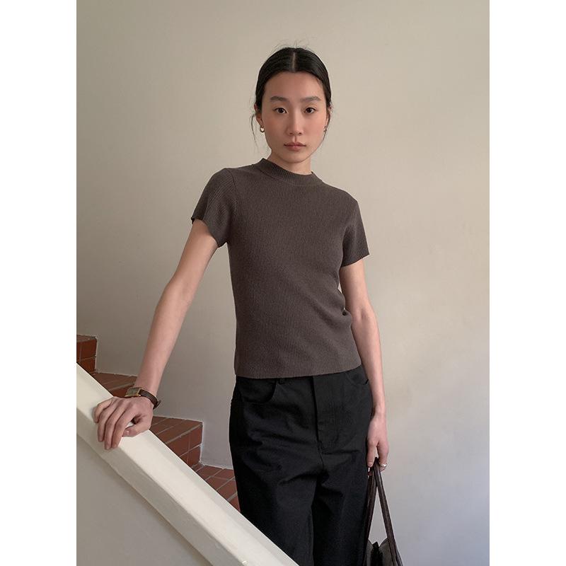 CLEAN SPACE Women's Wool Blend Knitted T-Shirt, Spring 2025 Collection, Short Sleeve, Thirteen Rows Design