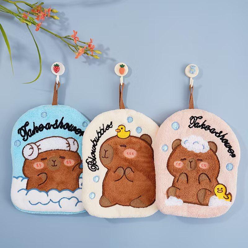 Capybara Hand Towel Kitchen Bathroom Absorbent Cleaning Cloth Cartoon Hanging Quick Drying Coral Fleece Thick Rag Household