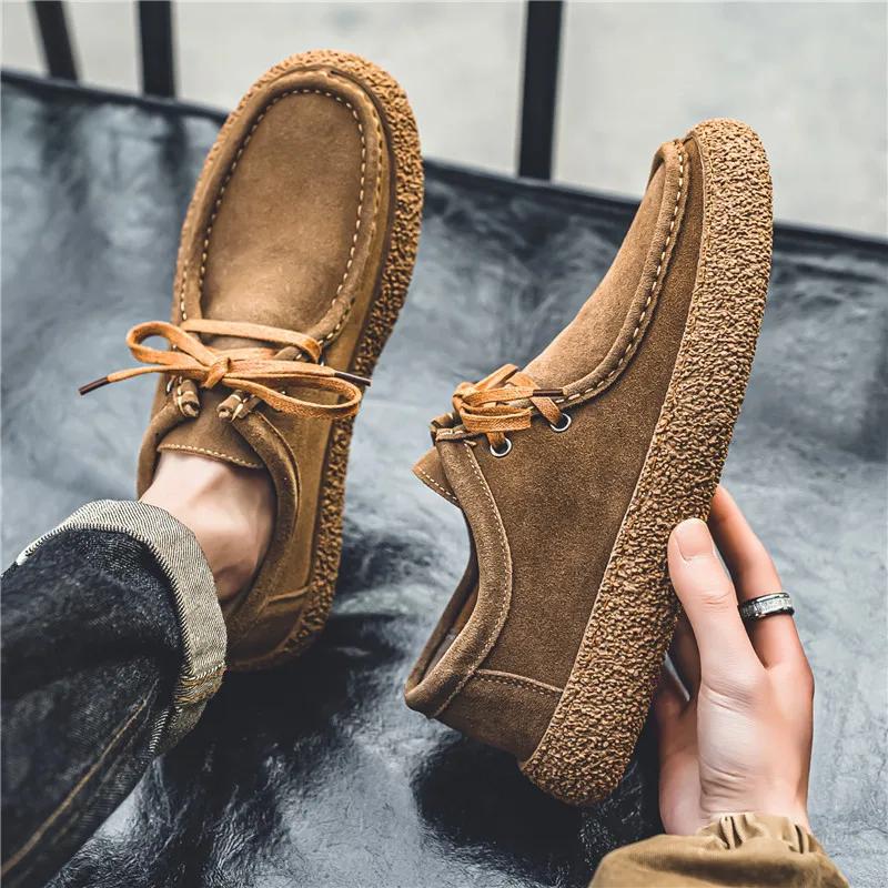 Fashion Loafers for Men's Suede Leather Casual Shoes Lace-up Men Light Comfortable Driving Flats Mens Outdoor Oxfords Shoes