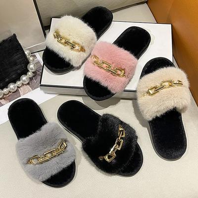 Pantoufles moelleuses Maison Hiver Décontracté Chaîne Chaussures de créateur Femmes 2024 Intérieur Plateforme Peluche Diapositives Filles Mode Élégant Grande Taille