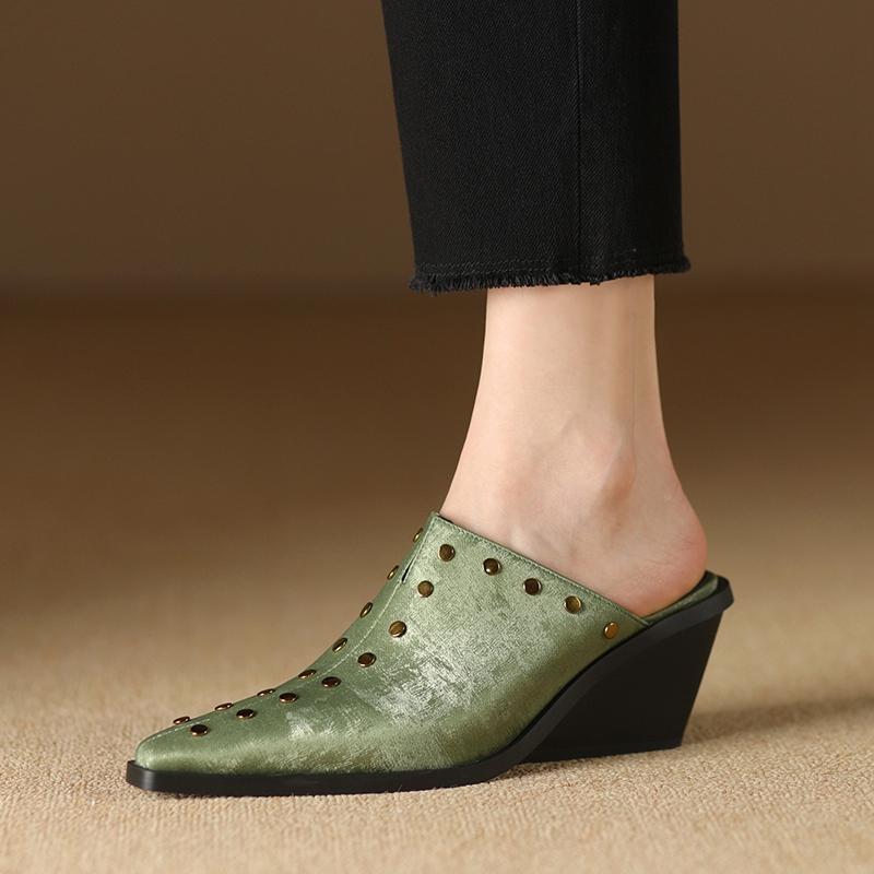 Fashion Women's New Spring/Summer Pointed Genuine Leather Silk Cowhide Metal Rivet Slope Heel High Heel Baotou Muller Slippers