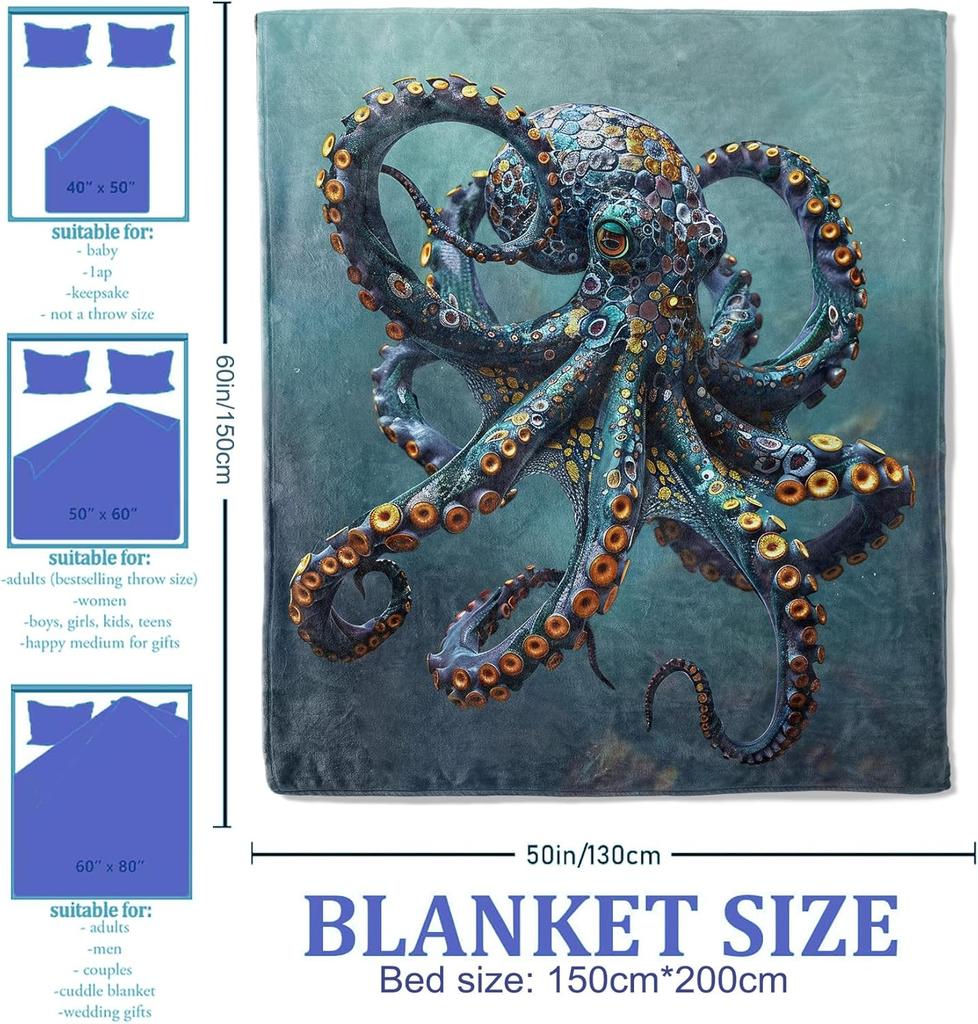 Colorful Octopus Throw Blanket for Women Girls Boys, Soft Flannel Blankets Gifts for Living Room Couch, Home, Sofa Decor, 50"x60