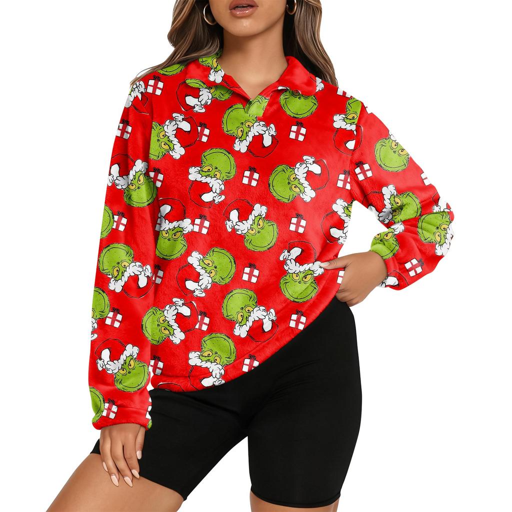 Women's Stand Collar Pullover Long Sleeve Top Christmas Print Sports Top