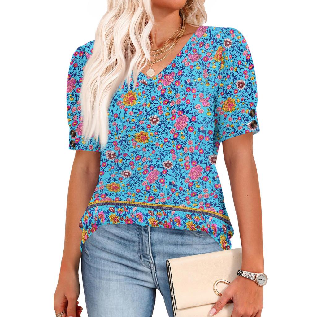 Womens Tops Short Sleeve Shirts Buttons V Neck  Fashion Outfits  Blouses  Casual