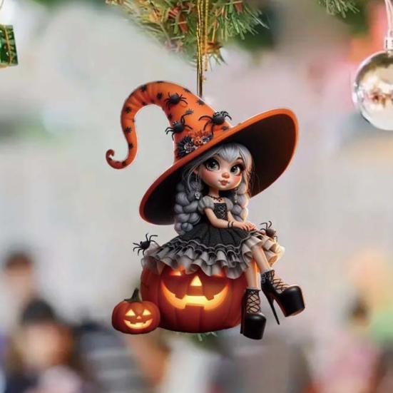 Halloween Witch Pendant Acrylic Car Charm Rearview Mirror Decoration Festive Atmosphere Scene Accessory