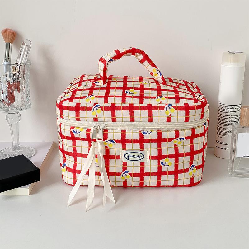 

Korean Cherry Plaid Cosmetic Bag Girl Large-Capacity Cosmetics Storage Bag Travel Essential Wash Bag Bathroom Wash Bag красный