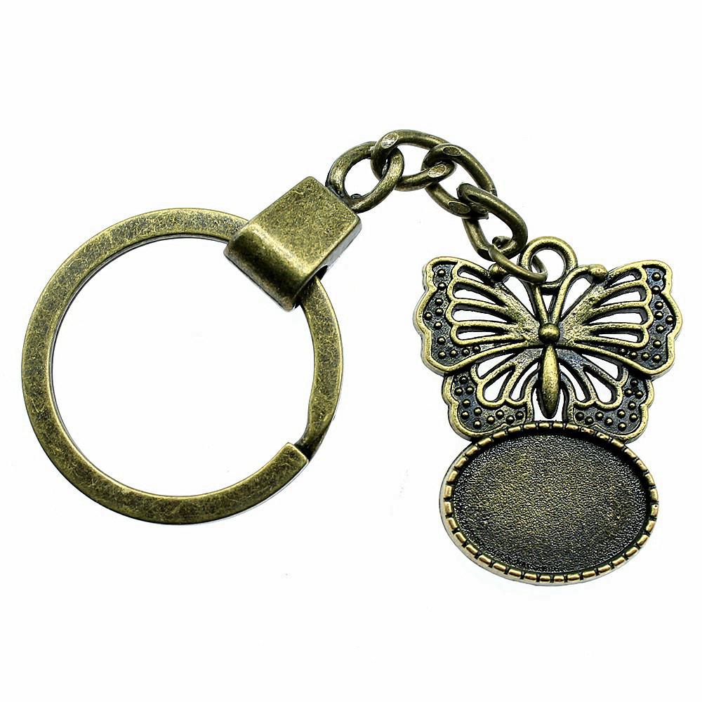 Heart Elliptical Glass Cabochon Base Setting Tray Blank Antique Bronze Metal Keychain for Family Gift