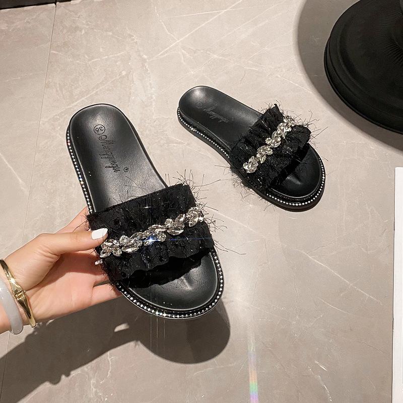 

Модные шлепанцы с бахромой из ткани и меха, женские, с кристаллами и заклепками, на платформе, сандалии со стразами, шлепанцы, женские, на толстой подошве, слайды, обувь, размер 43 34 чёрный