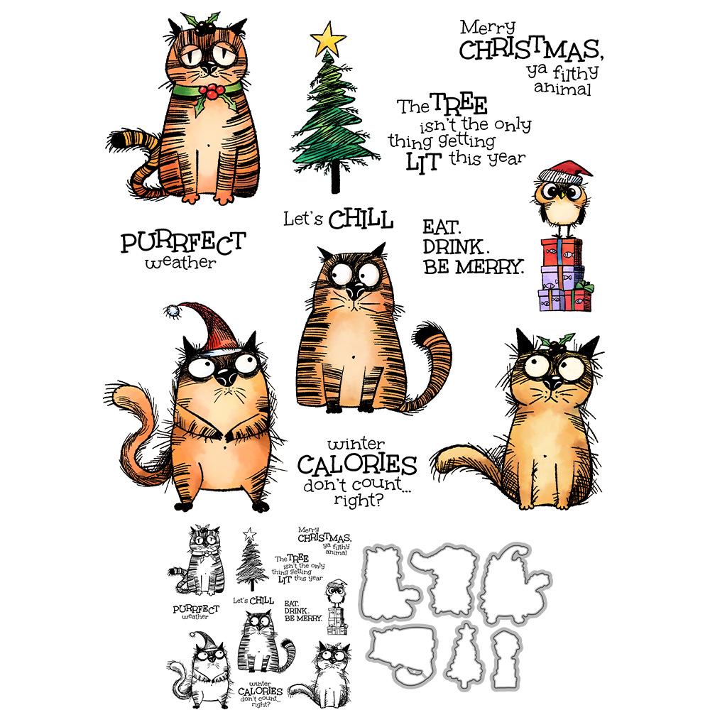 Timbro Trasparente in Silicone 'Meow di Natale' & Punzone in Acciaio per Embossing per Biglietti Fatti a Mano