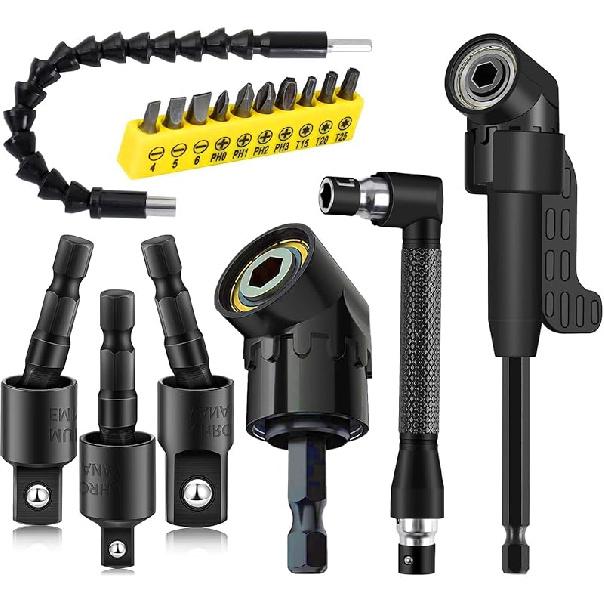 Impact Grade Power Hand Tools Driver Sockets Adapter Extension Set, 3Pcs 1/4 3/8 1/2" Hex Shank Drill Nut Driver Bit Set + 105 Degree Right Angle