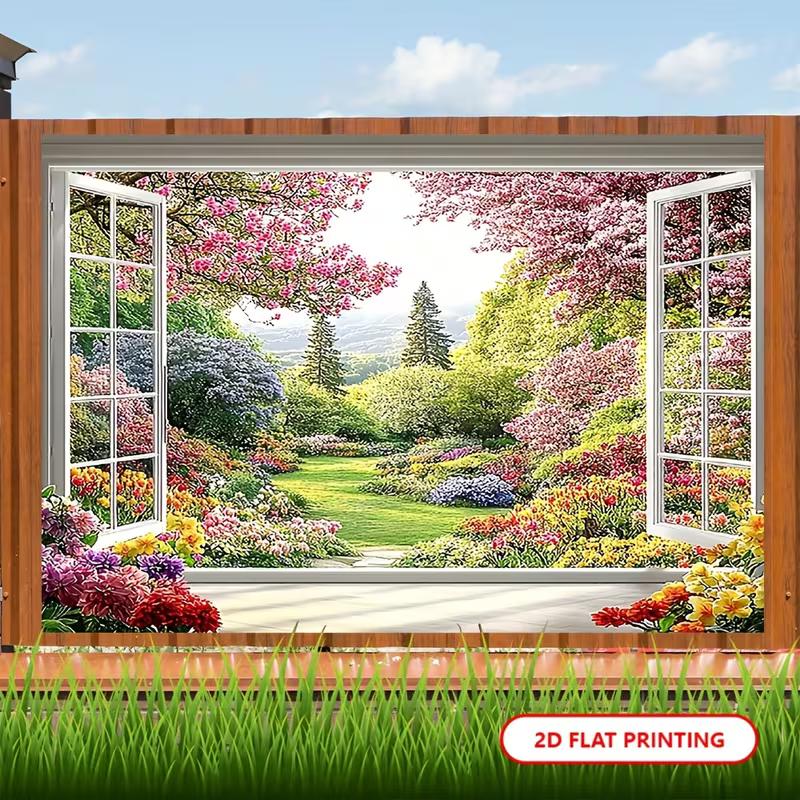 2D Beautiful Garden View Through White Window Photography Backdrop