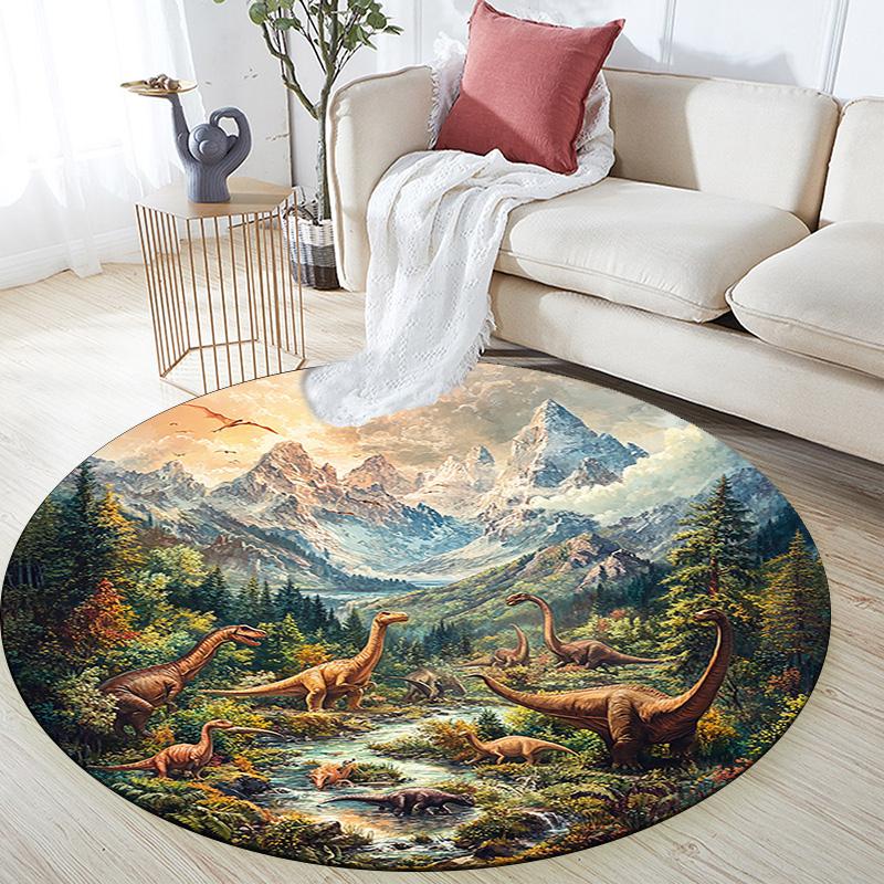 Dinosaur Landscape Round Area Rug,Carpet Rug for Living Room Bedroom Sofa Playroom Decor,Non-slip Floor Mat