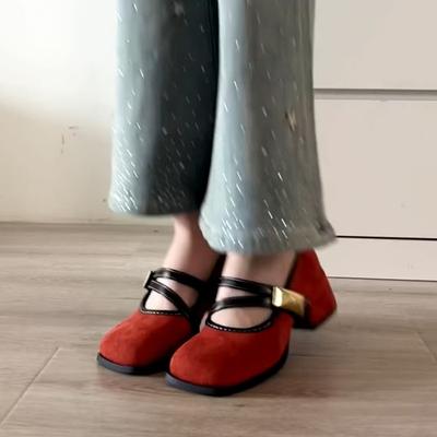 Square Head Thick Heel Red Single Shoes Women's 2025 New French Retro Mary Jane High Heels Are Not Tired