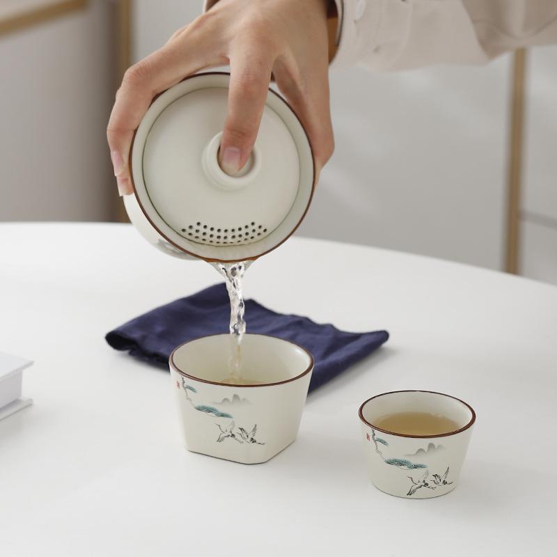 Ru Kiln Cover Bowl Two Cups Travel Tea Set Chinese Simple Portable Storage Bag Kuaike Cup Camping Tea Set