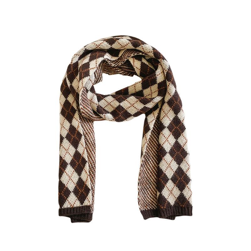 Japanese Rhombus Plaid Scarf for Women Winter Korean Version All Match Student Autumn and Winter Thickened Warm Wool Knitted Scarf for Men